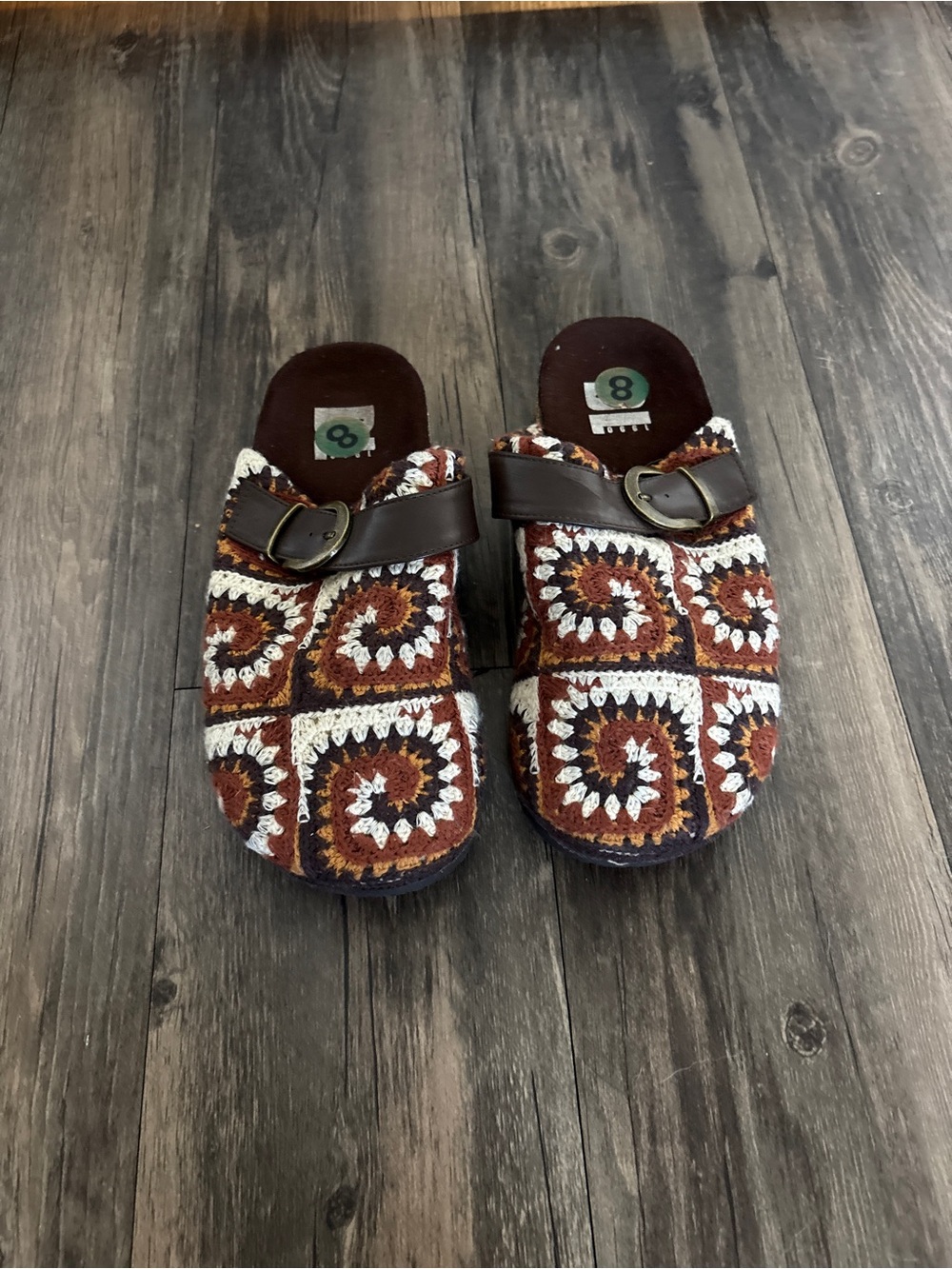 Chinese Laundry Crochet Patchwork Slip-On Clogs in Brown & Cream